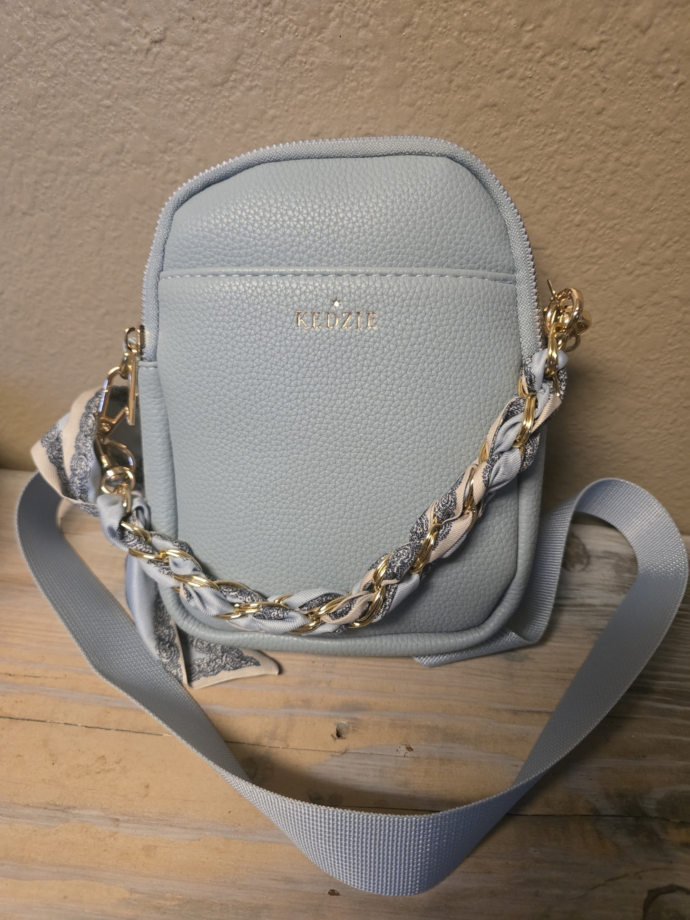 Kedzie Light Blue Crossbody Bag with Chain Accent Approx Size 6x8"